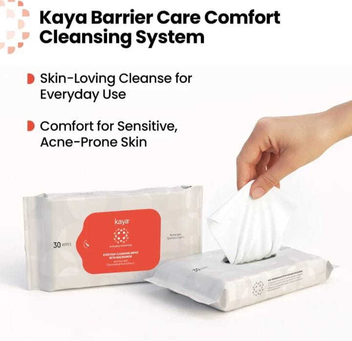 Woman wiping face with Kaya cleansing wipe