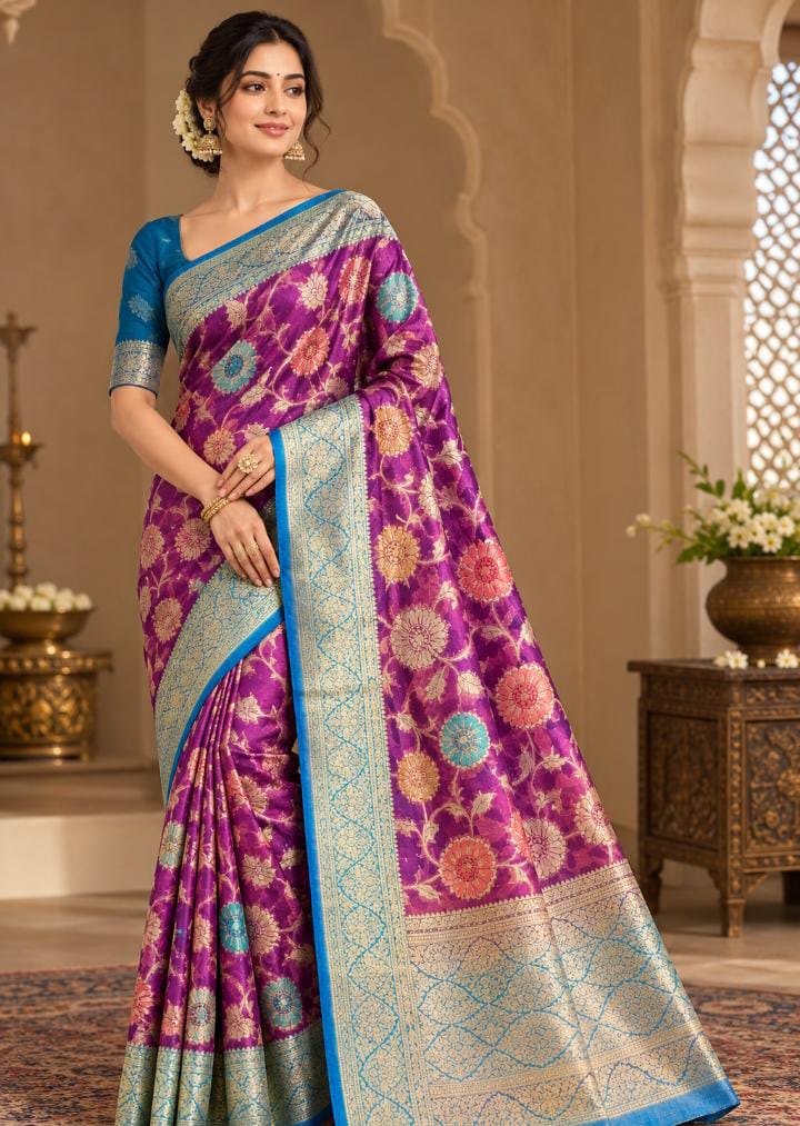 Chanderi Organza Saree – Purple with Meenakari Floral Weave & Blue Border