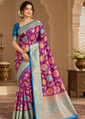 Chanderi Organza Saree – Purple with Meenakari Floral Weave & Blue Border