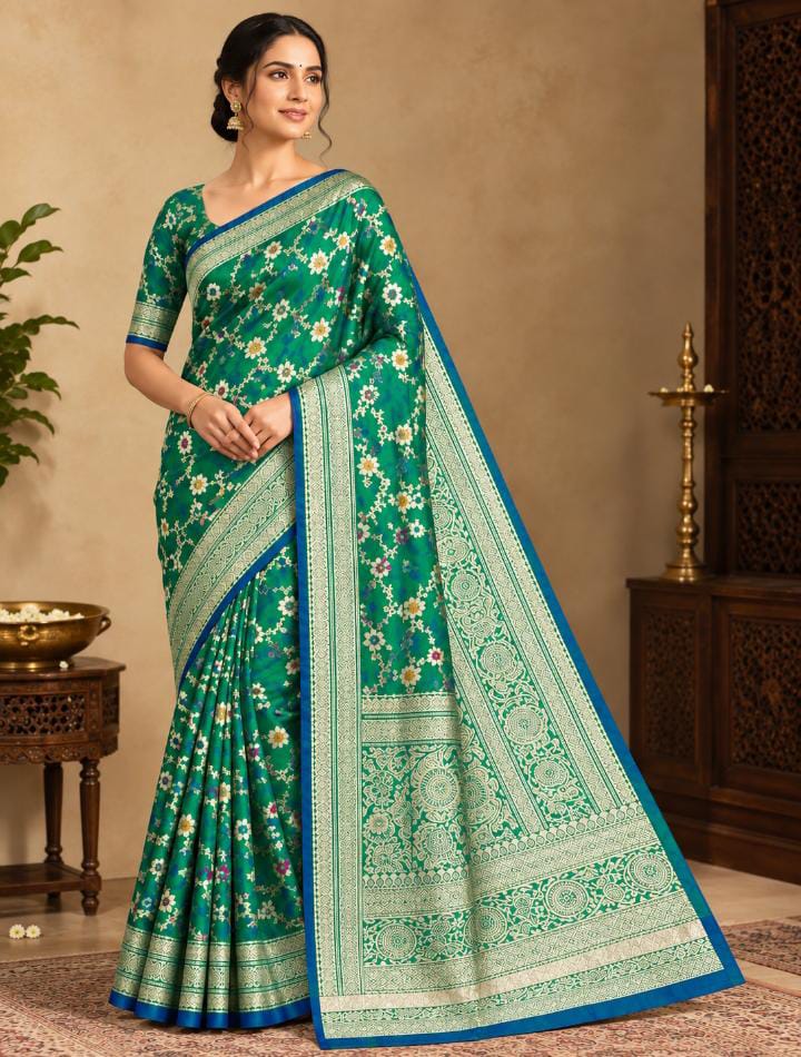 Katan Banarasi Saree – Teal Green with Meenakari Floral Vine Weave