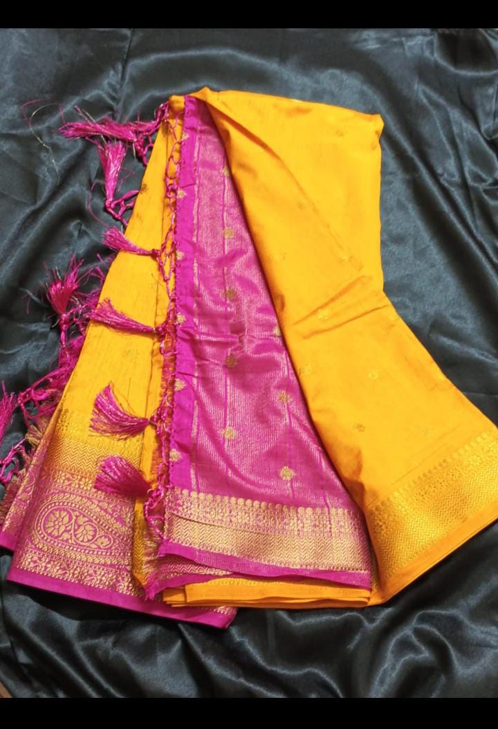 Manipuri Silk Saree – Saffron Yellow with Magenta Zari Border