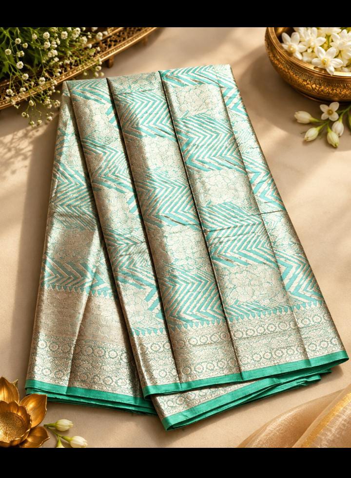 Semi Silk Saree – Mint Green Zari Chevron Weave