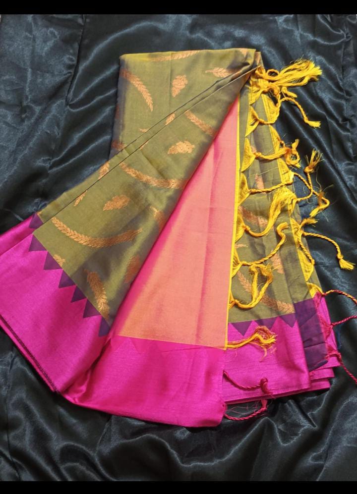 Katan Silk Saree – Olive Green with Pink and Magenta Border