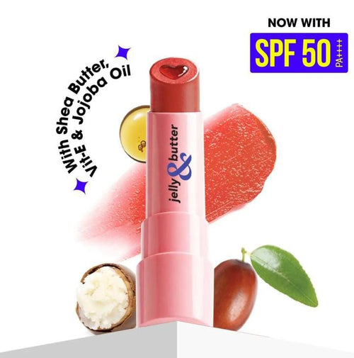 Blue Heaven Jelly & Butter Lip Balm with SPF 50 PA++++ - product shot with shea butter and jojoba oil