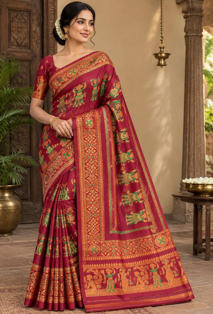 Silk Baluchori Saree – Maroon with Gold Zari Figural & Narrative Weave