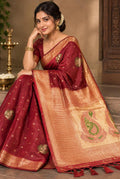 Organza Banarasi Saree – Maroon with Gold Tissue Pallu & Meenakari Paisley