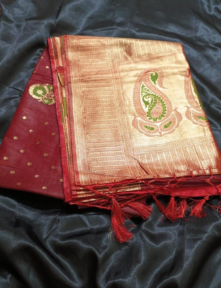Organza Banarasi Saree – Maroon with Gold Tissue Pallu and Meenakari Paisley Motifs