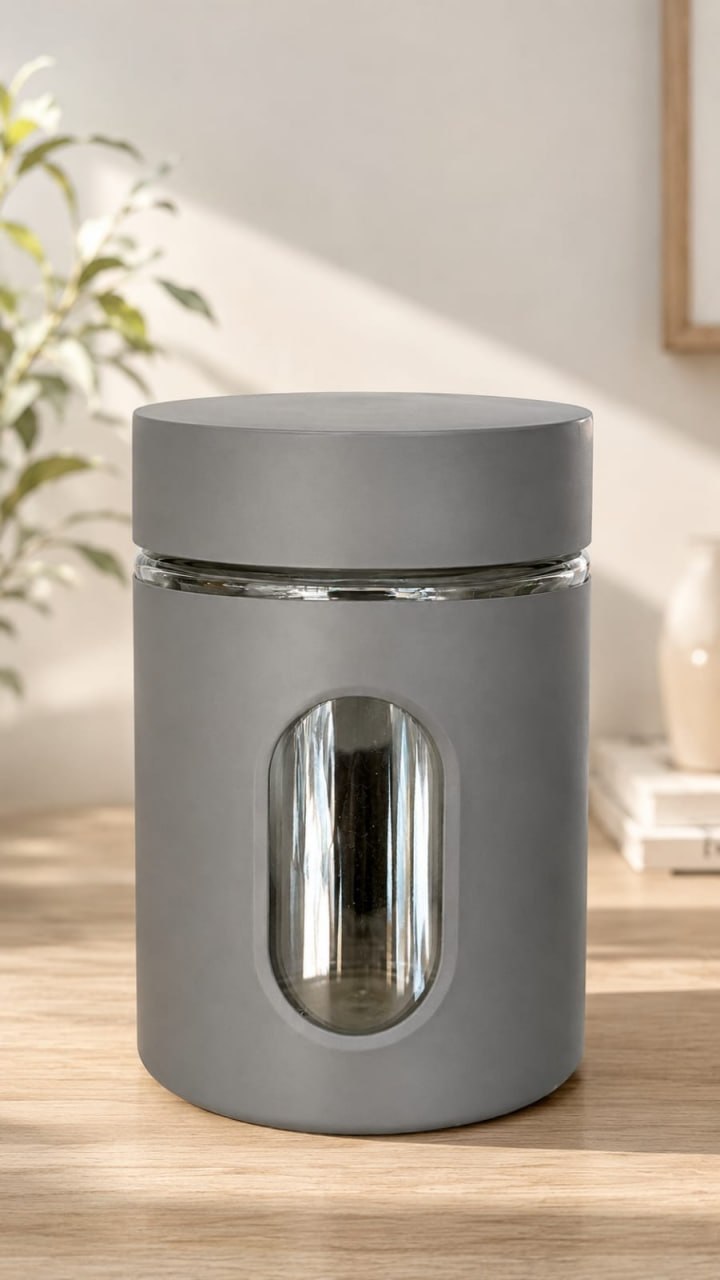 Grey glass window canister on wooden surface