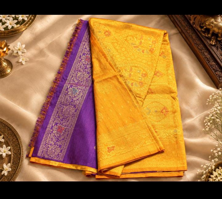 Semi Katan Silk Saree – Saffron Yellow with Purple Zari Border