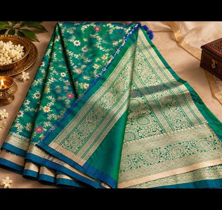 Katan Banarasi Saree – Teal Green with Meenakari Floral Vine Weave