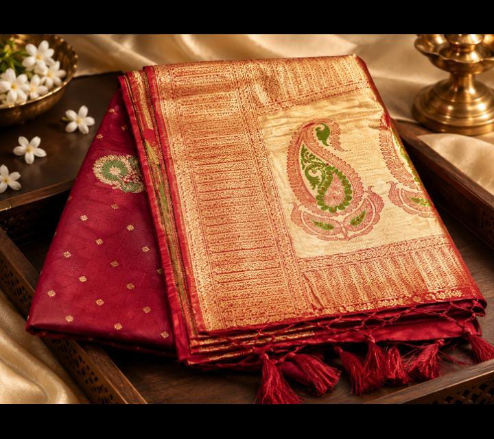 Organza Banarasi Saree – Maroon with Gold Tissue Pallu & Meenakari Paisley