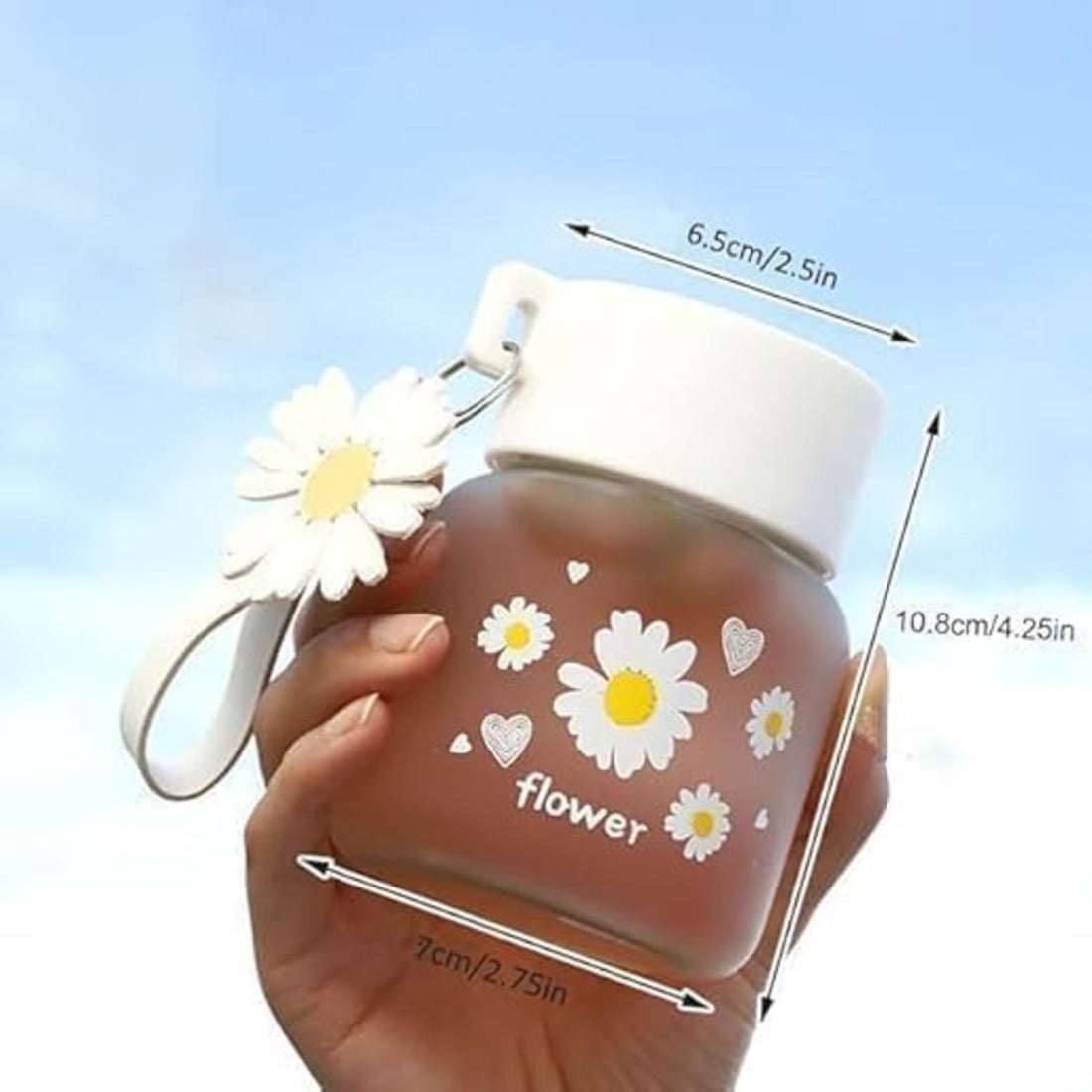 Daisy flower glass bottle with dimensions - 6.5cm x 10.8cm