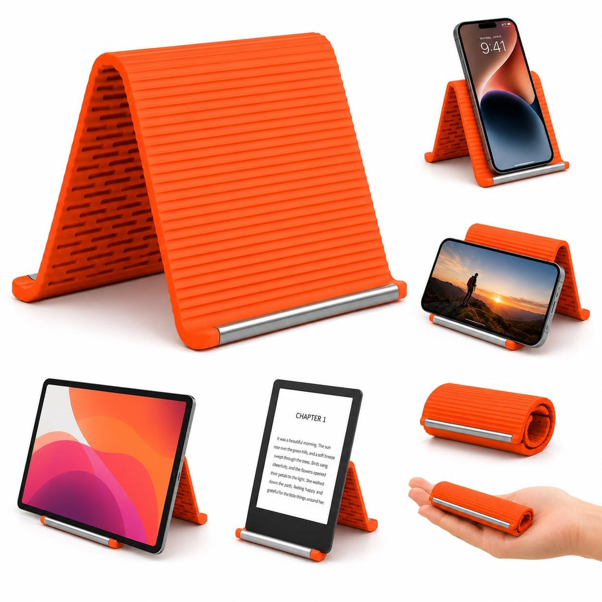 Foldable silicone stand shown with phone, tablet, Kindle and rolled up in hand