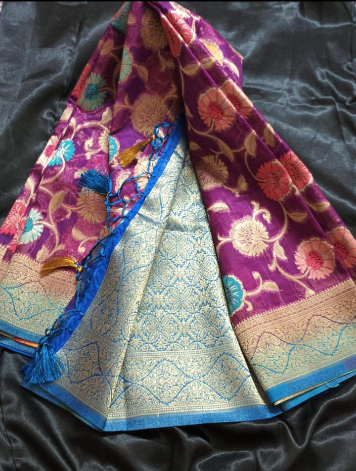 Chanderi Organza Saree – Purple with Meenakari Floral Weave and Blue Border