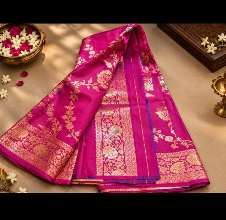 Katan Banarasi Saree – Magenta Pink with Gold Zari Weave