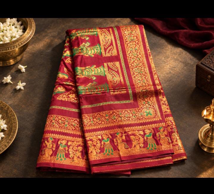 Silk Baluchori Saree – Maroon with Gold Zari Figural & Narrative Weave