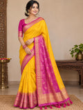Manipuri Silk Saree – Saffron Yellow with Magenta Zari Border