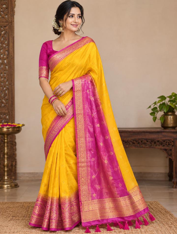 Manipuri Silk Saree – Saffron Yellow with Magenta Zari Border
