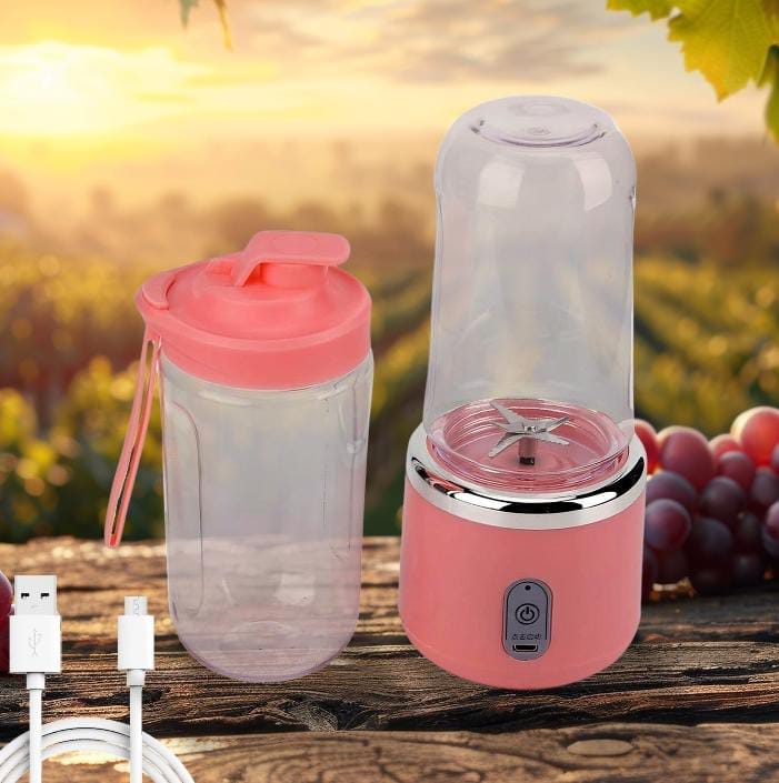 Pink Portable Blender - product view and in-use with fruit