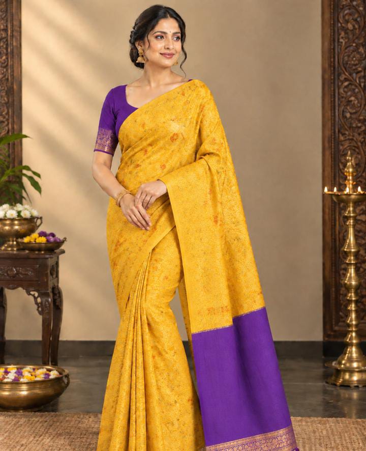 Semi Katan Silk Saree – Saffron Yellow with Purple Zari Border