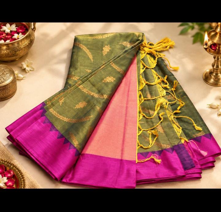 Katan Silk Saree – Olive Green with Pink & Magenta Border