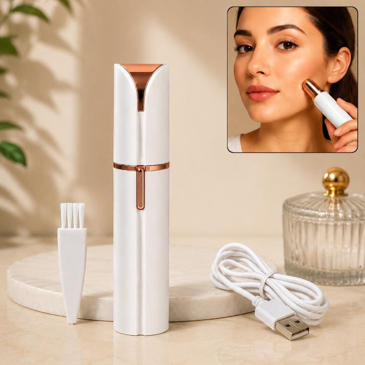 Blawless Facial Hair Remover - white device with USB cable and cleaning brush