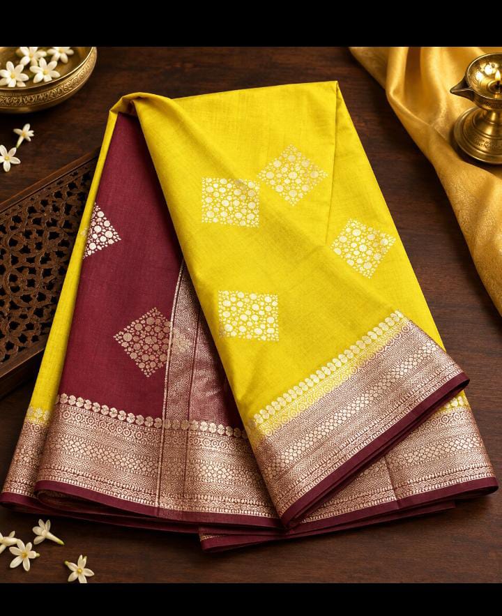 Katan Silk Saree – Lime Yellow with Diamond Gold Zari Butis and Maroon Border