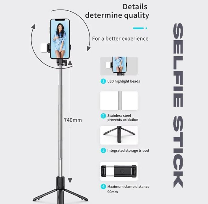 Selfie stick features: adjustable length, phone grip, click button, accessories