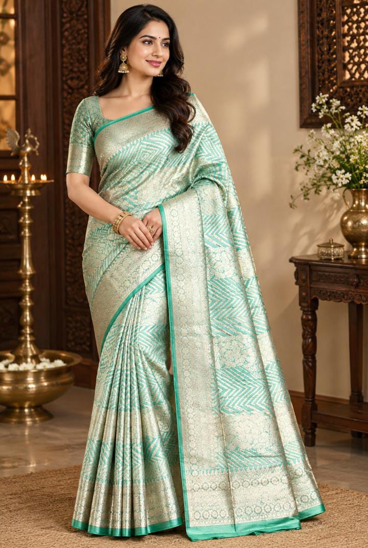 Semi Silk Saree – Mint Green Zari Chevron Weave