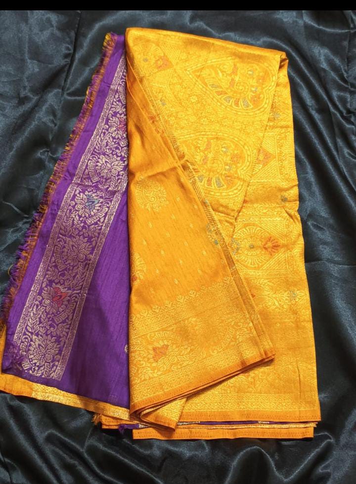Semi Katan Silk Saree – Saffron Yellow with Purple Zari Border