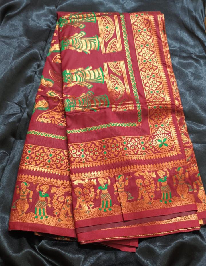Silk Baluchori Saree – Maroon with Gold and Green Zari Figural Narrative Weave