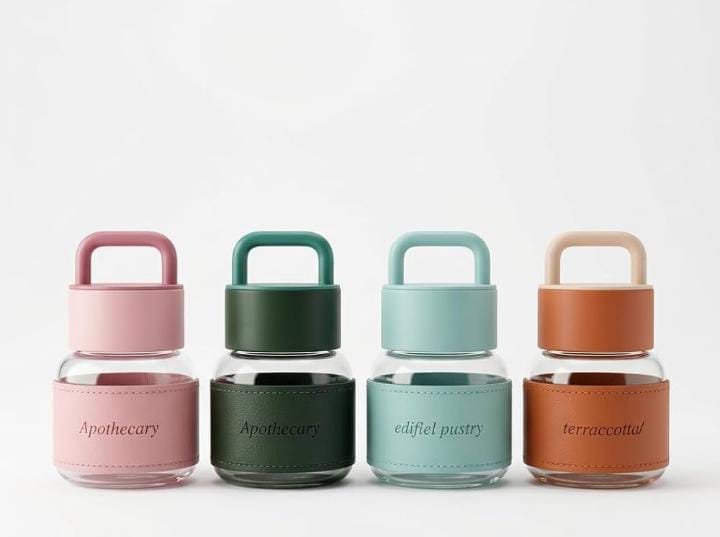 Four Apothecary glass bottles in pink, green, teal and terracotta colours
