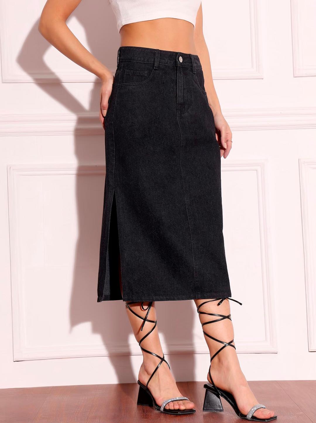 Women's Flared High-Rise Stretchable Denim Maxi Skirt