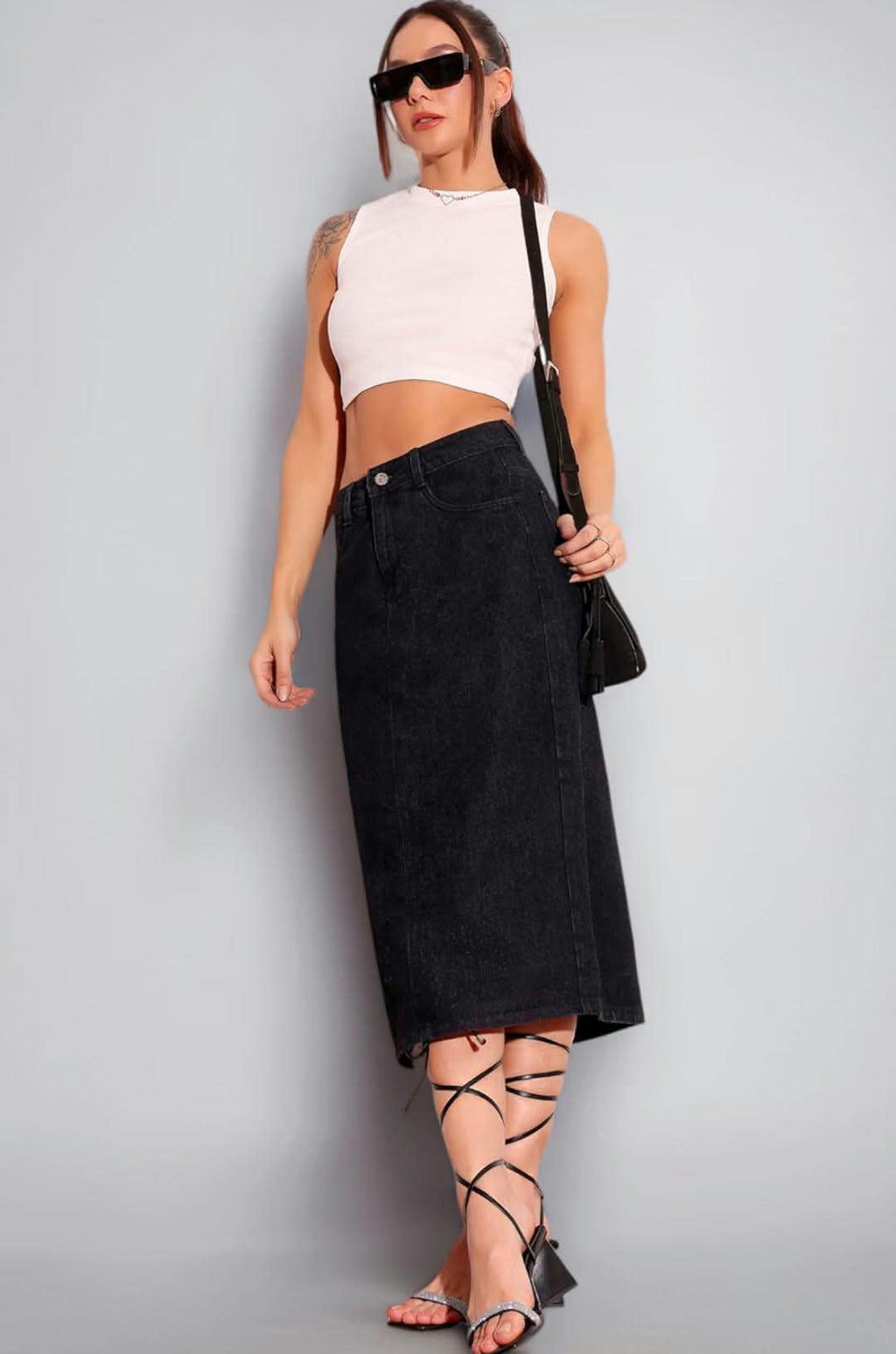 Women's Flared High-Rise Stretchable Denim Maxi Skirt