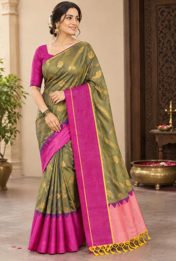Katan Silk Saree – Olive Green with Pink & Magenta Border