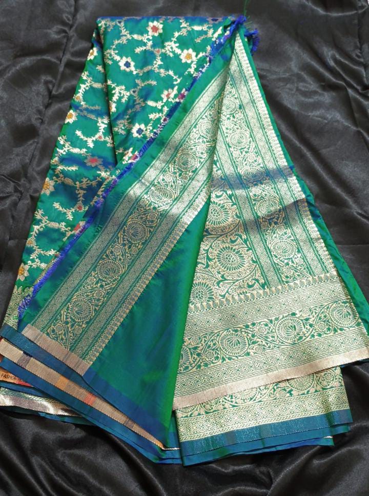 Katan Banarasi Saree – Teal Green with Multicolour Meenakari Floral Vine Weave and Gold Zari Border