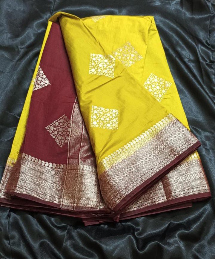 Katan Silk Saree – Lime Yellow with Diamond Zari Butis and Deep Maroon Border, flat lay