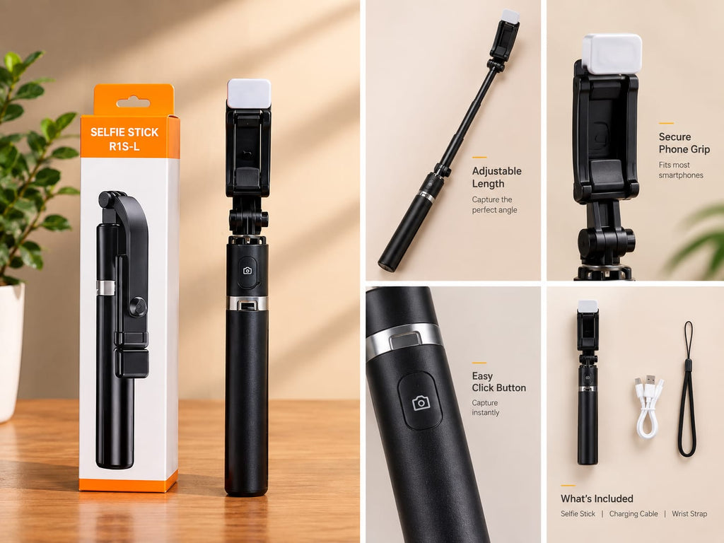 Selfie stick tripod details, 740mm length