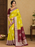 Katan Silk Saree – Lime Yellow with Diamond Zari Butis and Maroon Border, model wearing