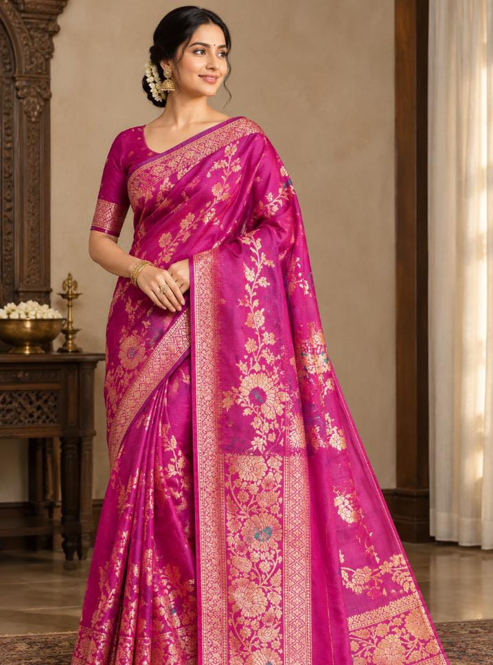 Katan Banarasi Saree – Magenta Pink with Gold Zari Weave