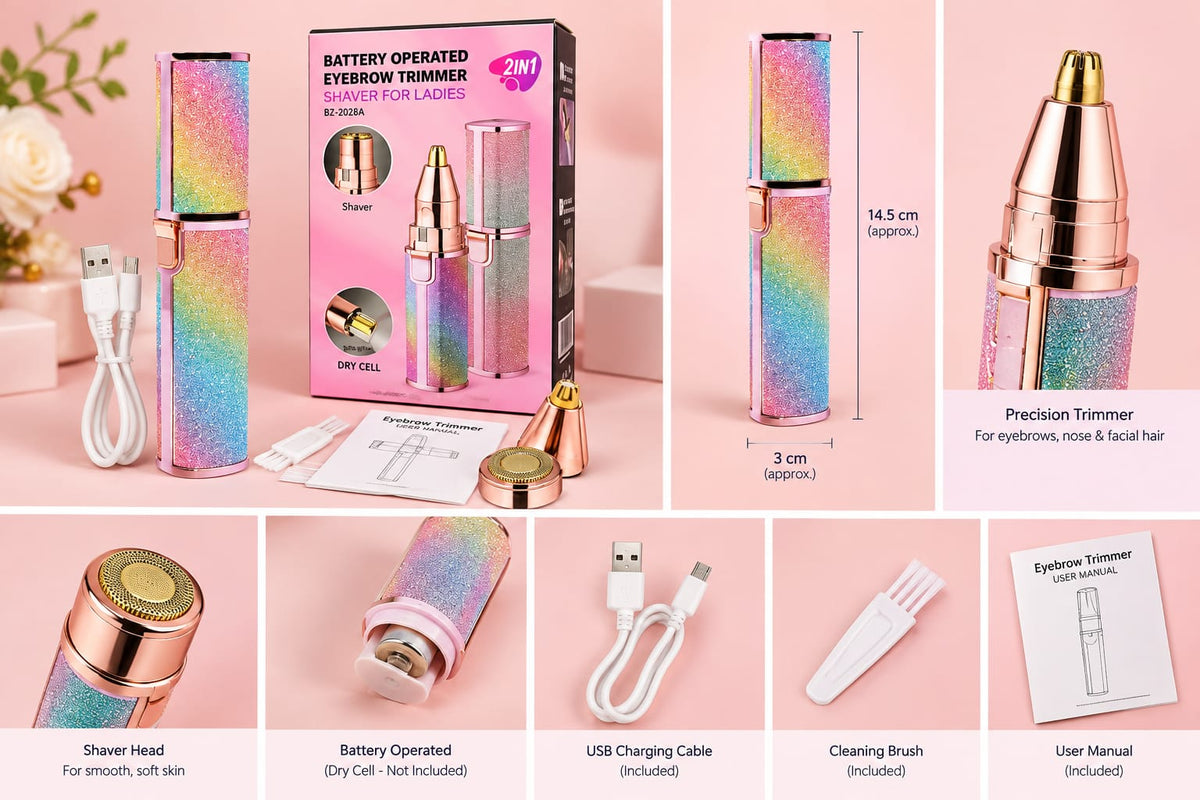Rainbow trimmer dimensions, interchangeable heads and accessories