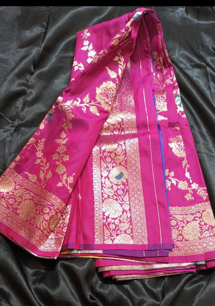 Katan Banarasi Saree – Magenta Pink with Gold Zari Floral Weave and Peacock Motif