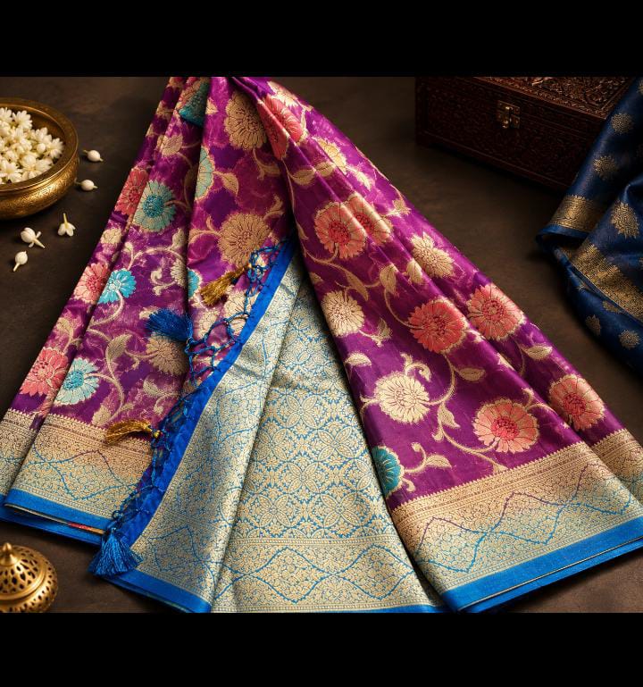 Chanderi Organza Saree – Purple Meenakari styled flat lay with props