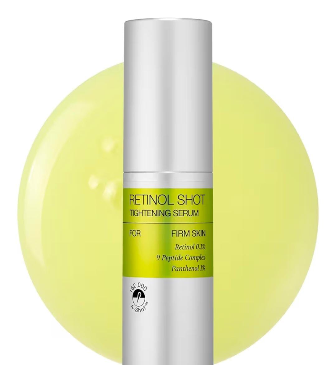 Retinol Shot Tightening Serum bottle with lime green background
