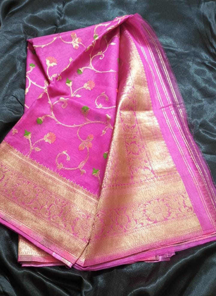 Jaal Organza Saree – Magenta Pink with Gold Zari Jaal & Meenakari Butis