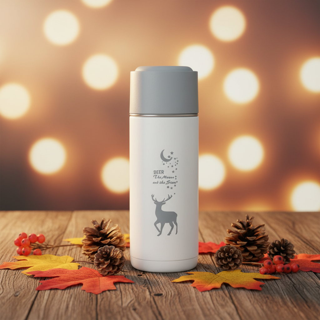 Deer Bottle lifestyle shot with autumn leaves and pine cones