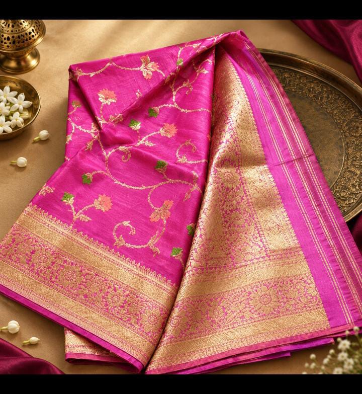 Jaal Organza Saree – Magenta Pink with Gold Zari Jaal & Meenakari Butis