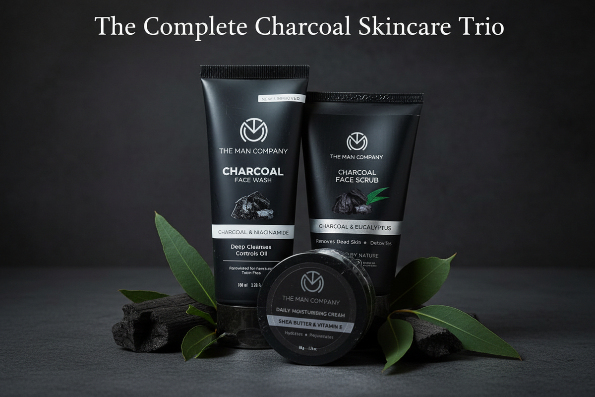 The Man Company Charcoal Skincare Trio – Face Wash, Scrub & Moisturiser Combo