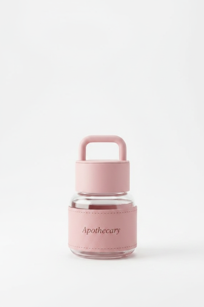 Pink Apothecary glass bottle with handle lid on white background