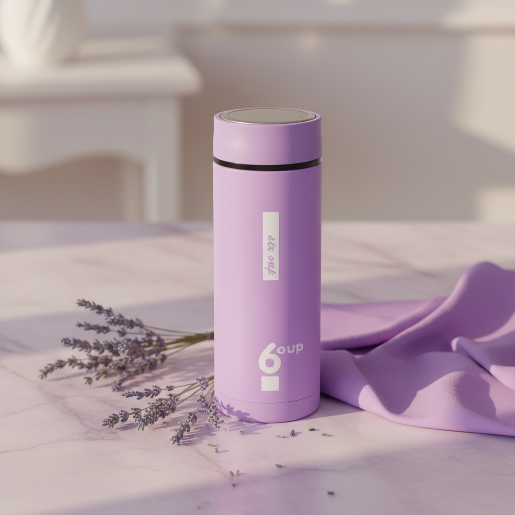 Purple thermos bottle lifestyle shot with lavender flowers